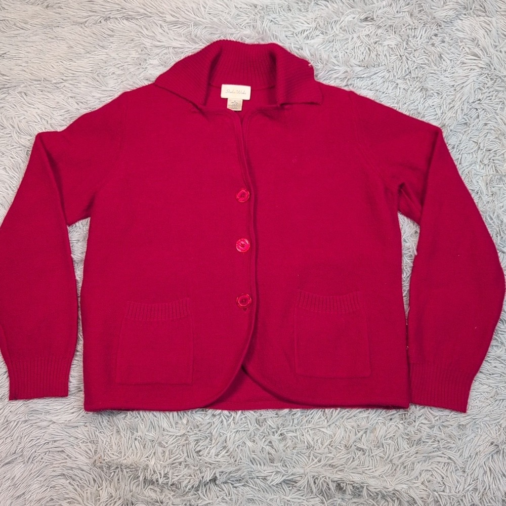 Vintage Studio Works Sweater Womens XL Red Cardigan Wool Button Up Preppy